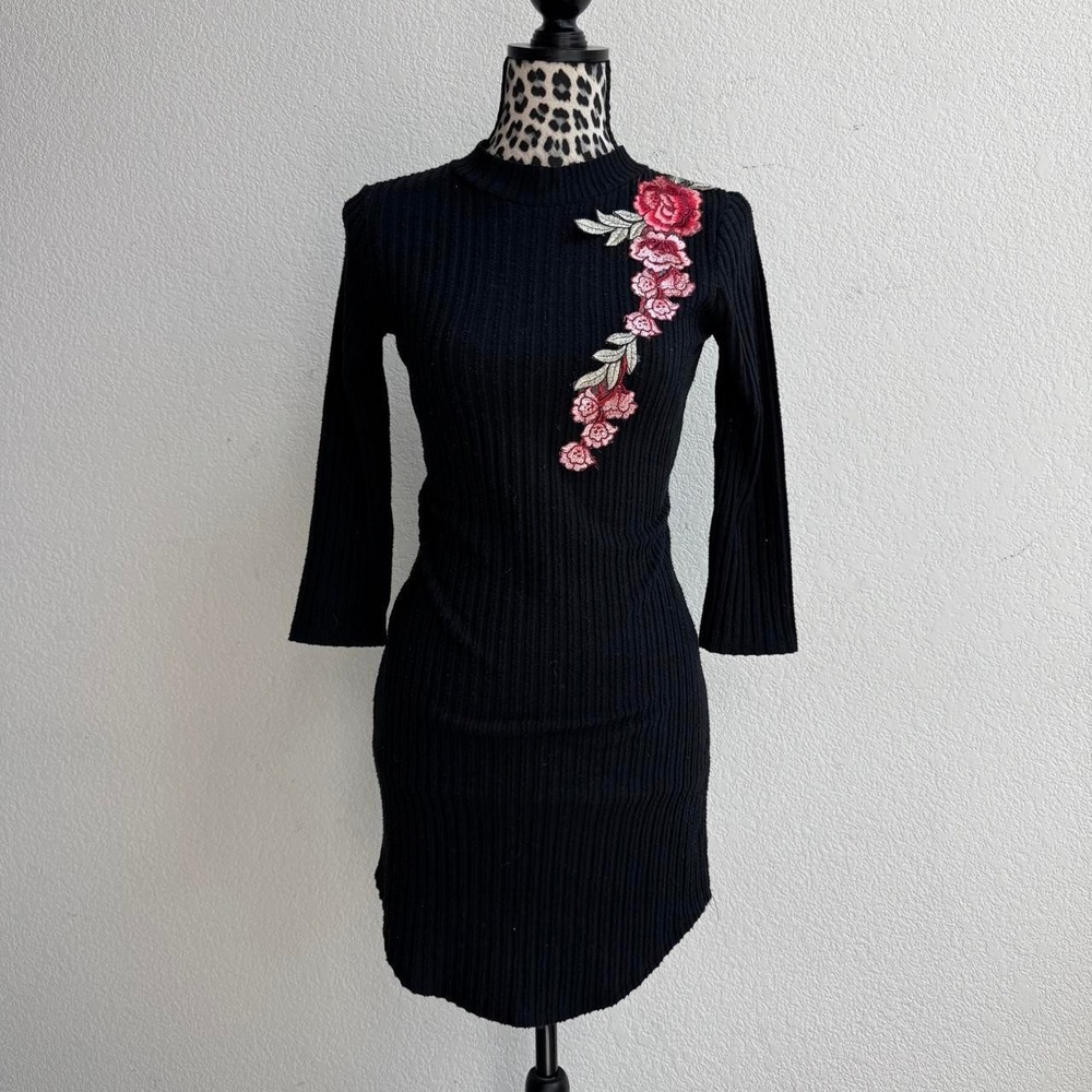 Derek Heart black ribbed sweater dress floral patch size S